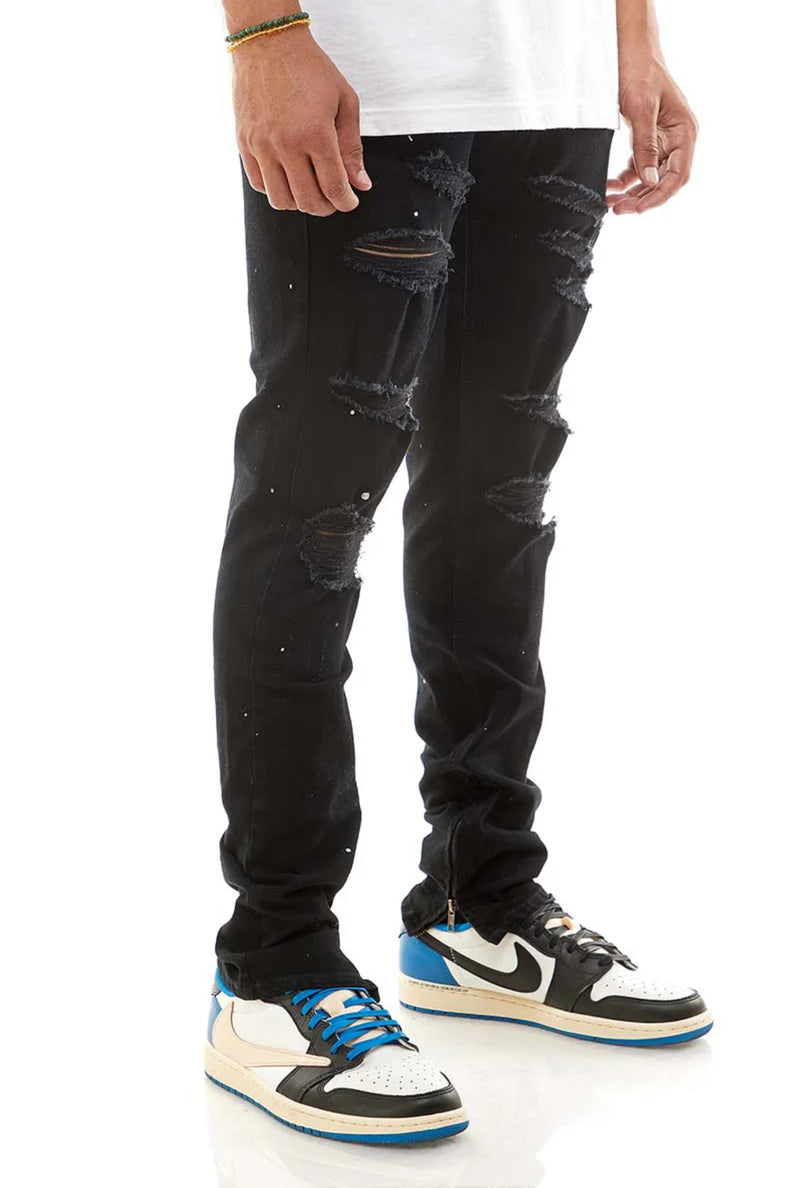 KDNK Paint Splatter Destroyed Ankle Zip Denim (Black) KND4194