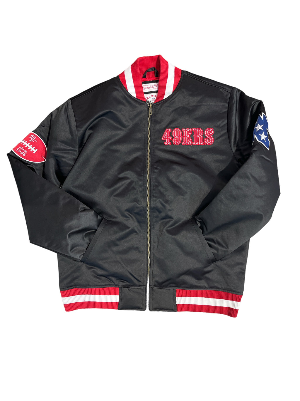 MITCHELL & NESS DOUBLE CLUTCH SAN FRANCISCO 49ERS SATIN JACKET (BLAC – So  Fresh Clothing