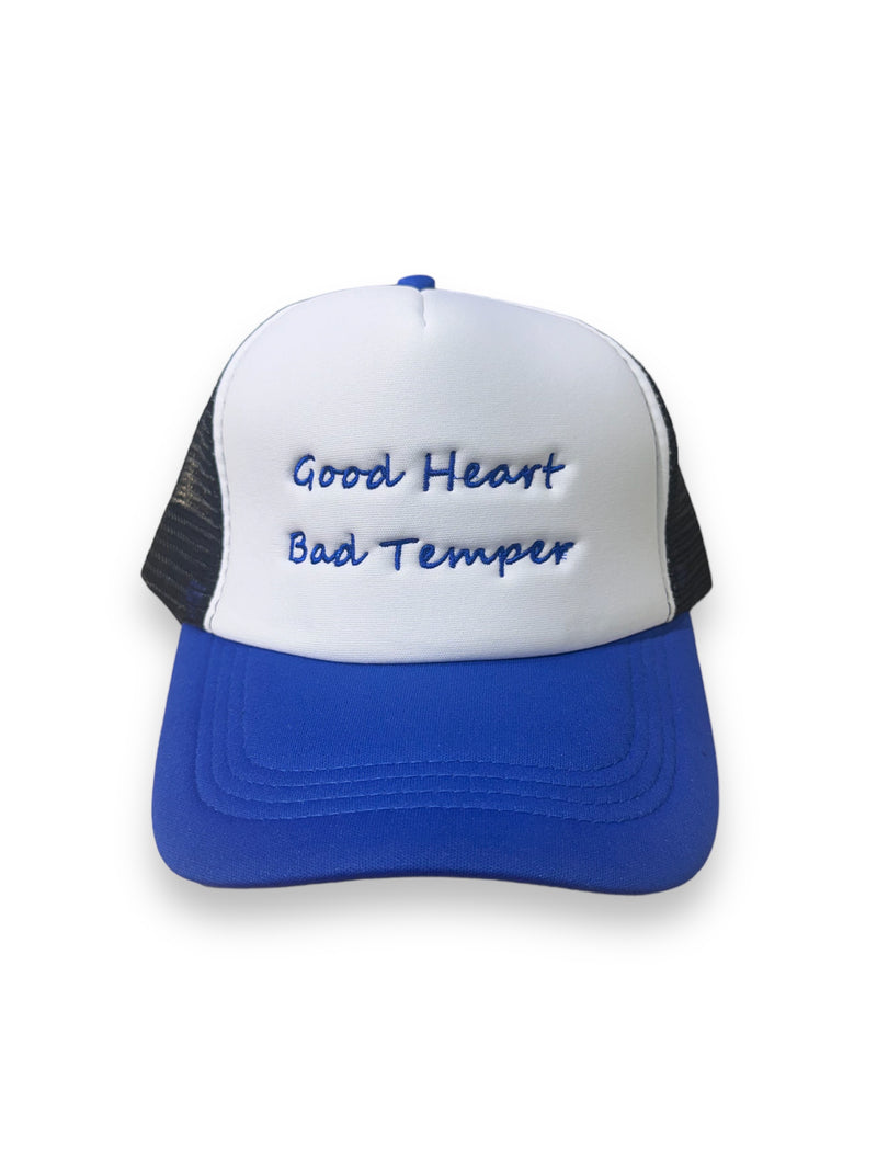 GH 'Good Heart Bad Temper' Trucker Snapback Hat (White/Blue/Black)