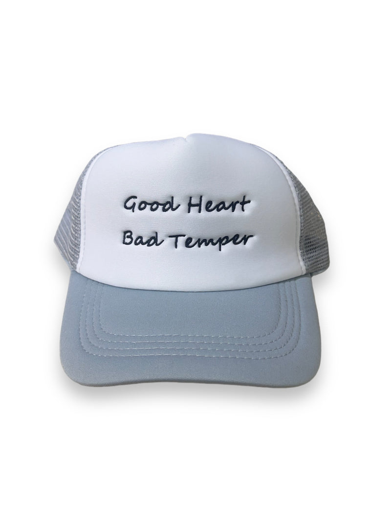 GH 'Good Heart Bad Temper' Trucker Snapback Hat (White/Grey)