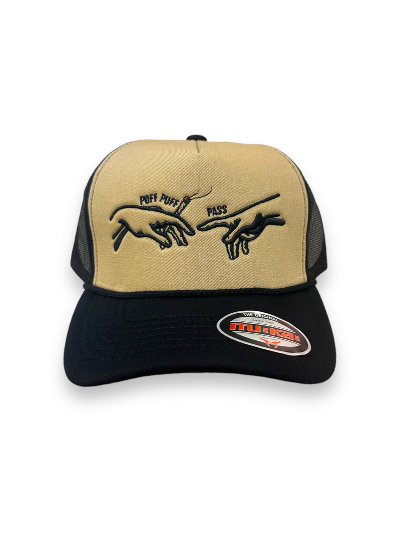 Muka 'Puff Puff Pass' Trucker Hat (Khaki/Black) T5428