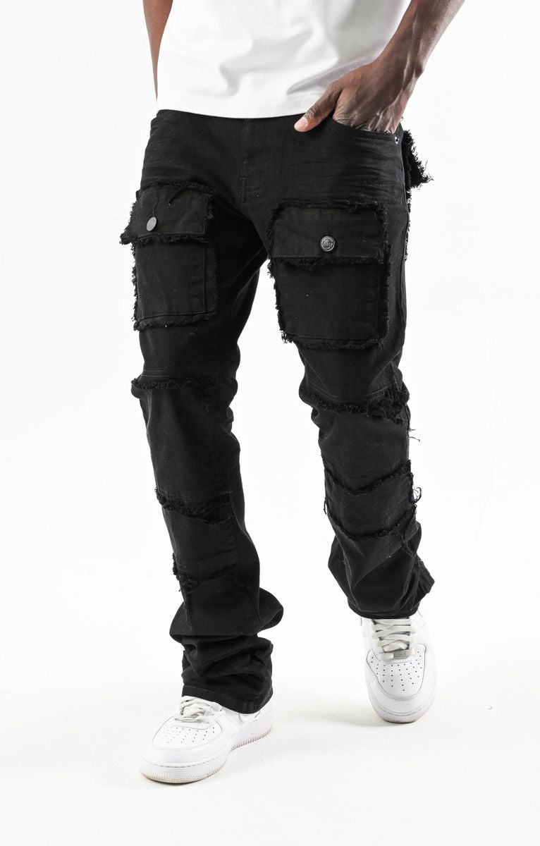Spark 'TWill' Stacked Flare Denim With Multi Pockets (Black) S3020