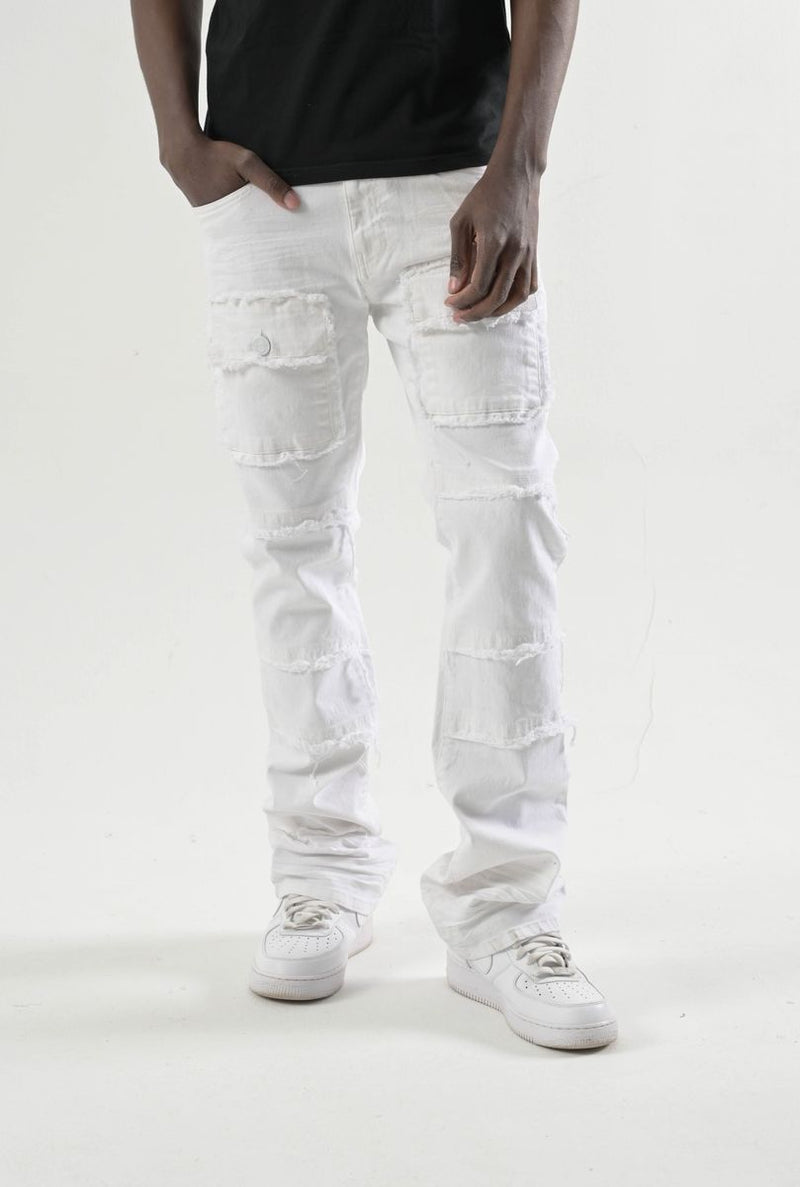 Spark 'TWill' Stacked Flare Denim With Multi Pockets (White) S3020