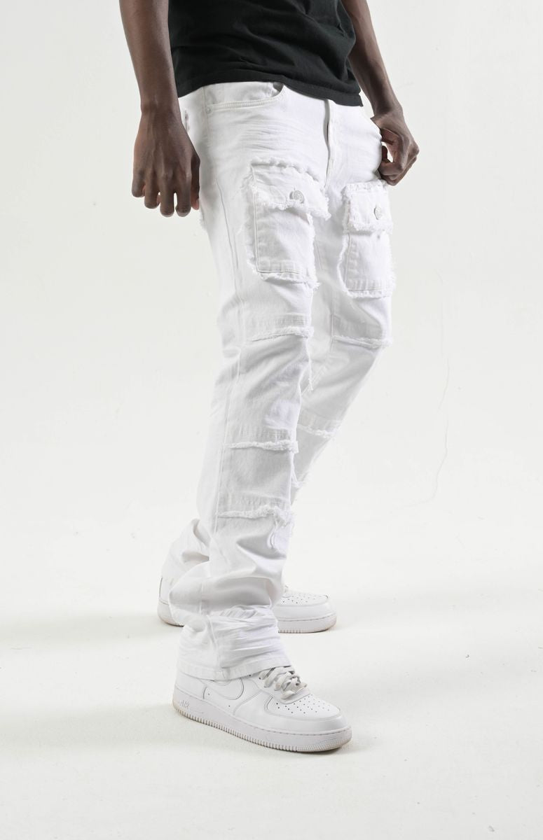 Spark 'TWill' Stacked Flare Denim With Multi Pockets (White) S3020