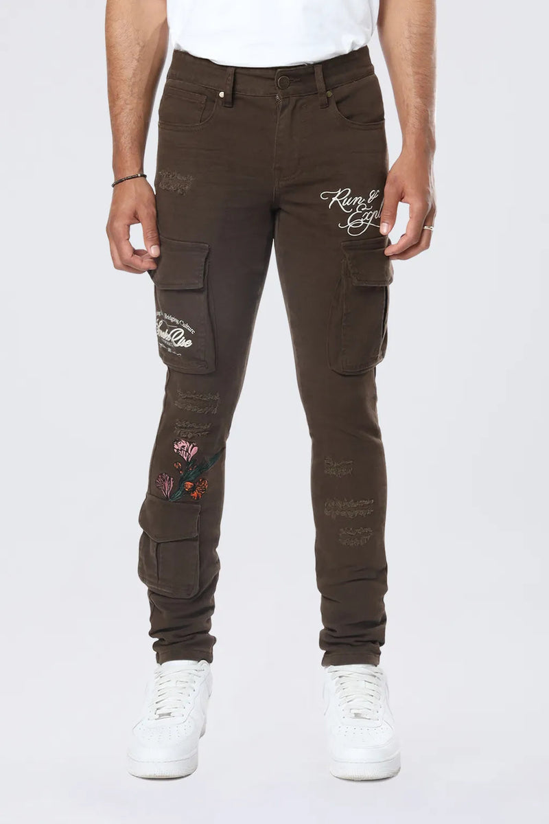 Smoke Rise 'Slim Tapered Embroidered Cargo Twill' Pants (Bison) JP24516