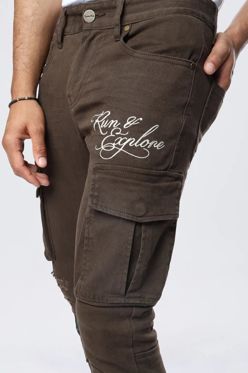 Smoke Rise 'Slim Tapered Embroidered Cargo Twill' Pants (Bison) JP24516