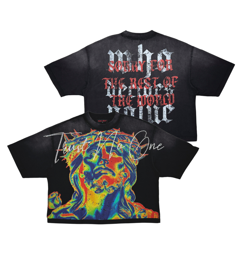 Rare Peace 'SORRY FOR TROTW' Oversized Cropped T-shirt (BK. Black) RT5021