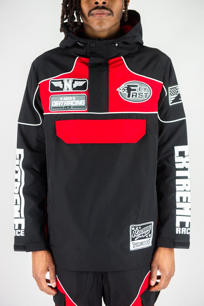 Rebel Minds 'RACING' Nylon Anorak Hoodie (Black/Red) 152-538