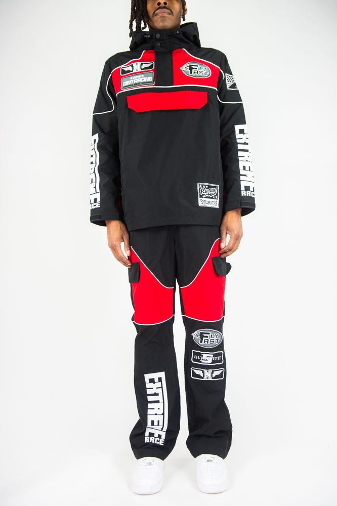 Rebel Minds 'RACING' Nylon Anorak Hoodie (Black/Red) 152-538