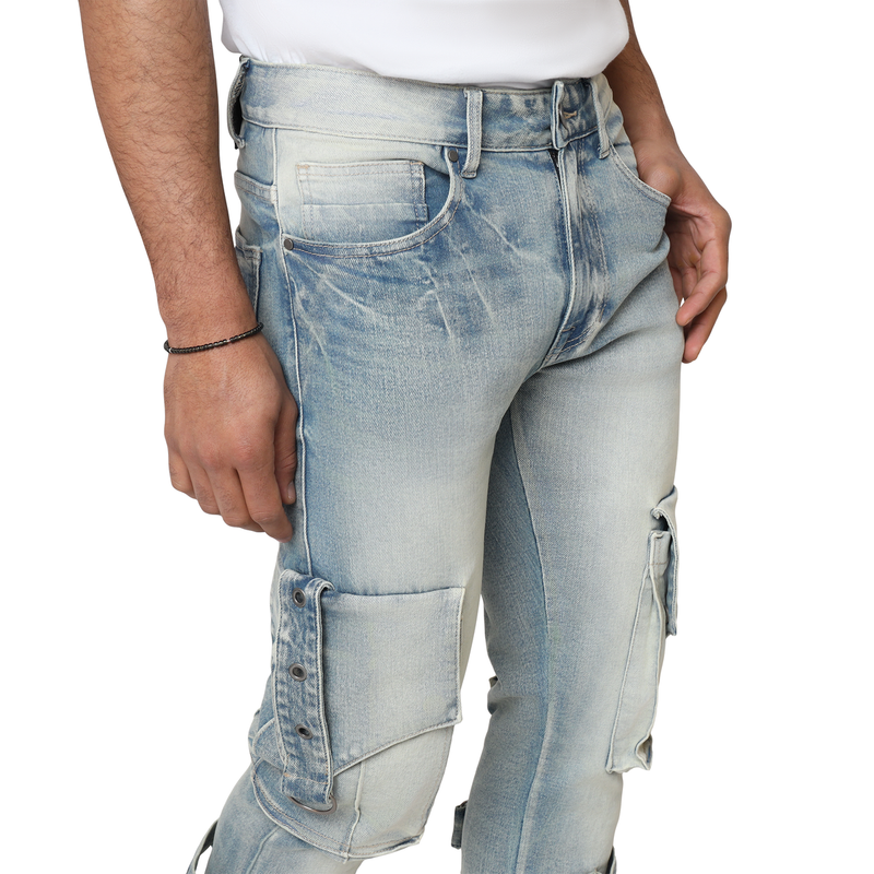 Smoke Rise 'Eyelet' Stacked Flare Cargo (Parsons Blue) JP25543 - FRESH N FITTED