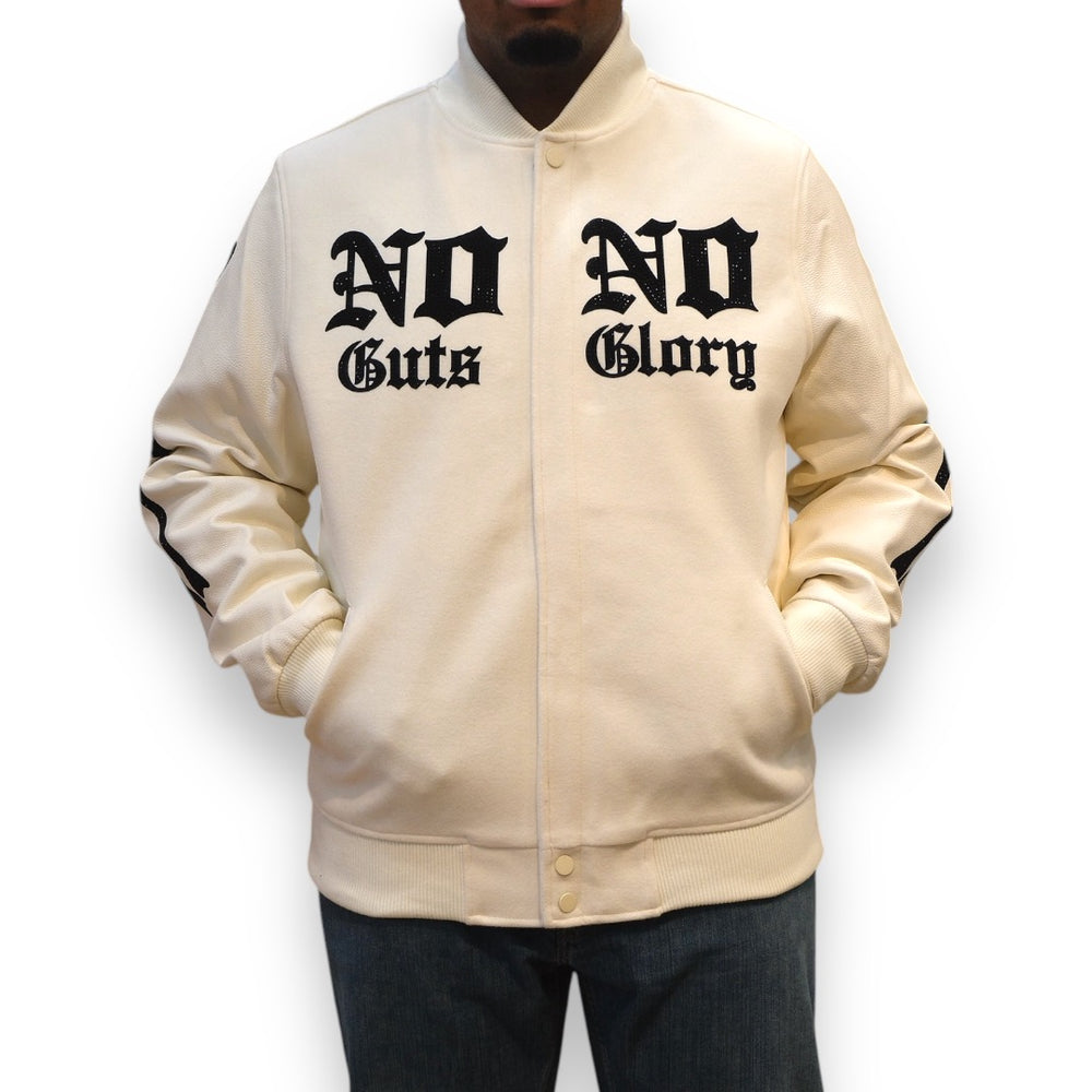 Roku Studio No Guts No Glory Rhinestone Varsity Jacket Eggshell FRESH N FITTED