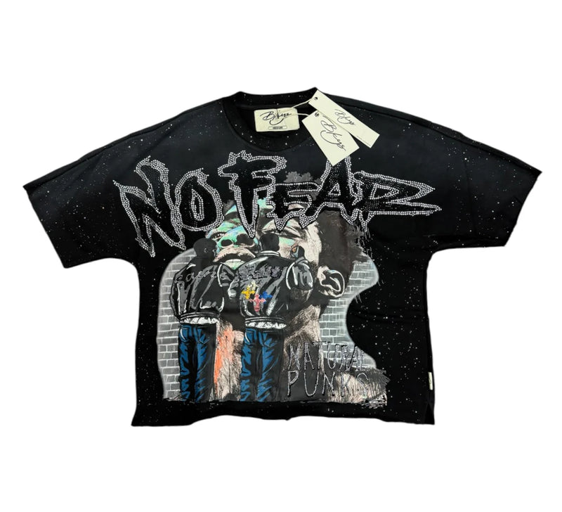 BKYS 'No Fear' Cropped Rhinestone T-Shirt (Black) T1385