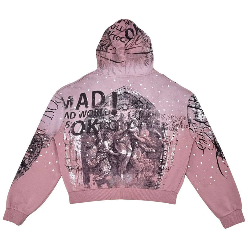 Rare Peace 'Mad World' Oversized Rhinestone Cropped Hoodie (Dust Pink) RK5043
