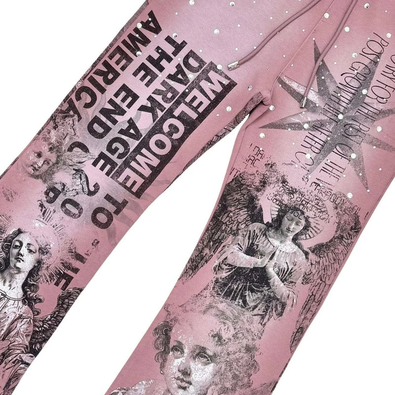 Rare Peace 'Mad World' Rhinestone Flared Sweatpants (Dust Pink) RP5043