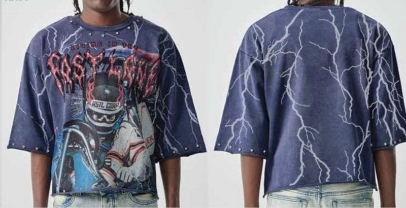 TAKER 'Fast Lane' Cropped Terry T-Shirt W/ Rhinestones (Navy) T5212