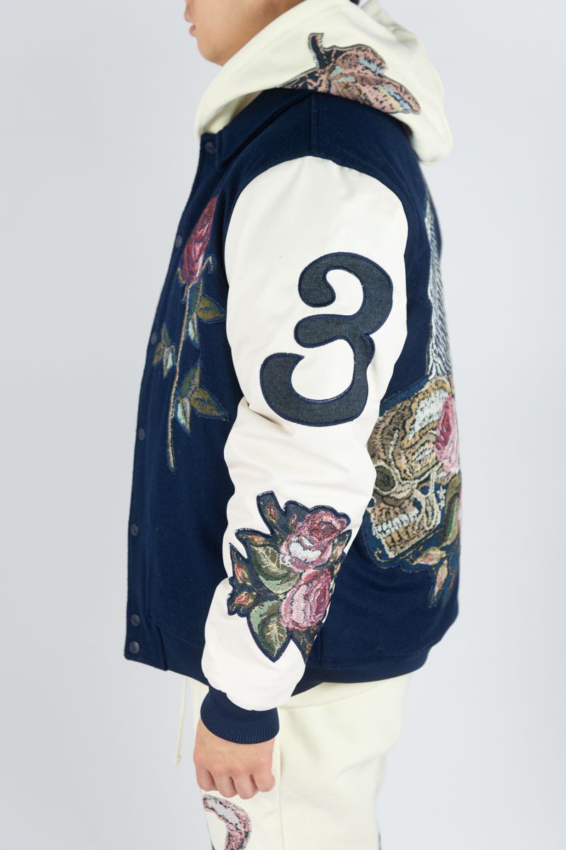 Rebel Denim 'Tapestry Flower' Varsity Jacket (DK. Royal) 642-552