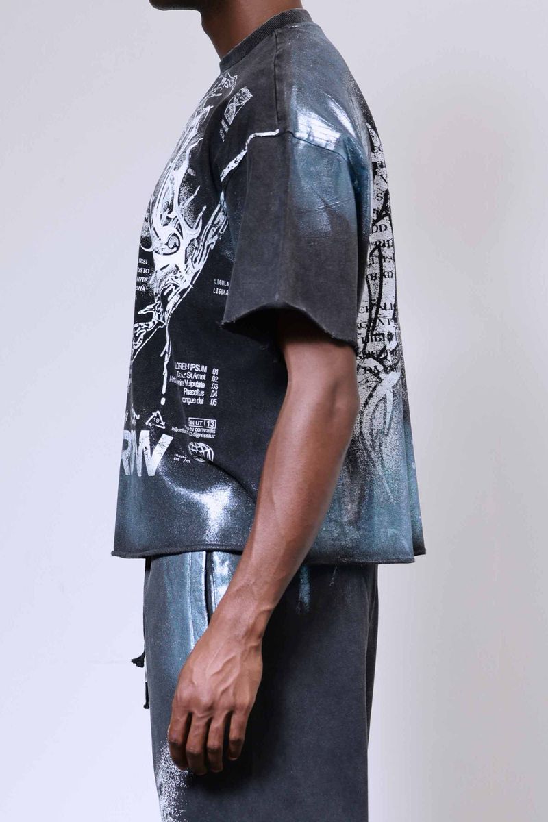 First Row ‘Y2K Tribal’ Cropped T-Shirt (Washed Black) FRM3024A
