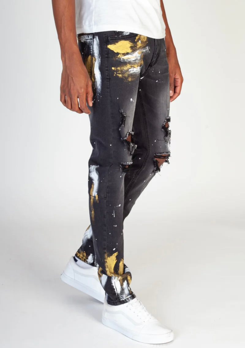 KDNK Ripped With Gold Paint Brush Denim (Dark M.Grey) KND4286 - Fresh N Fitted Inc