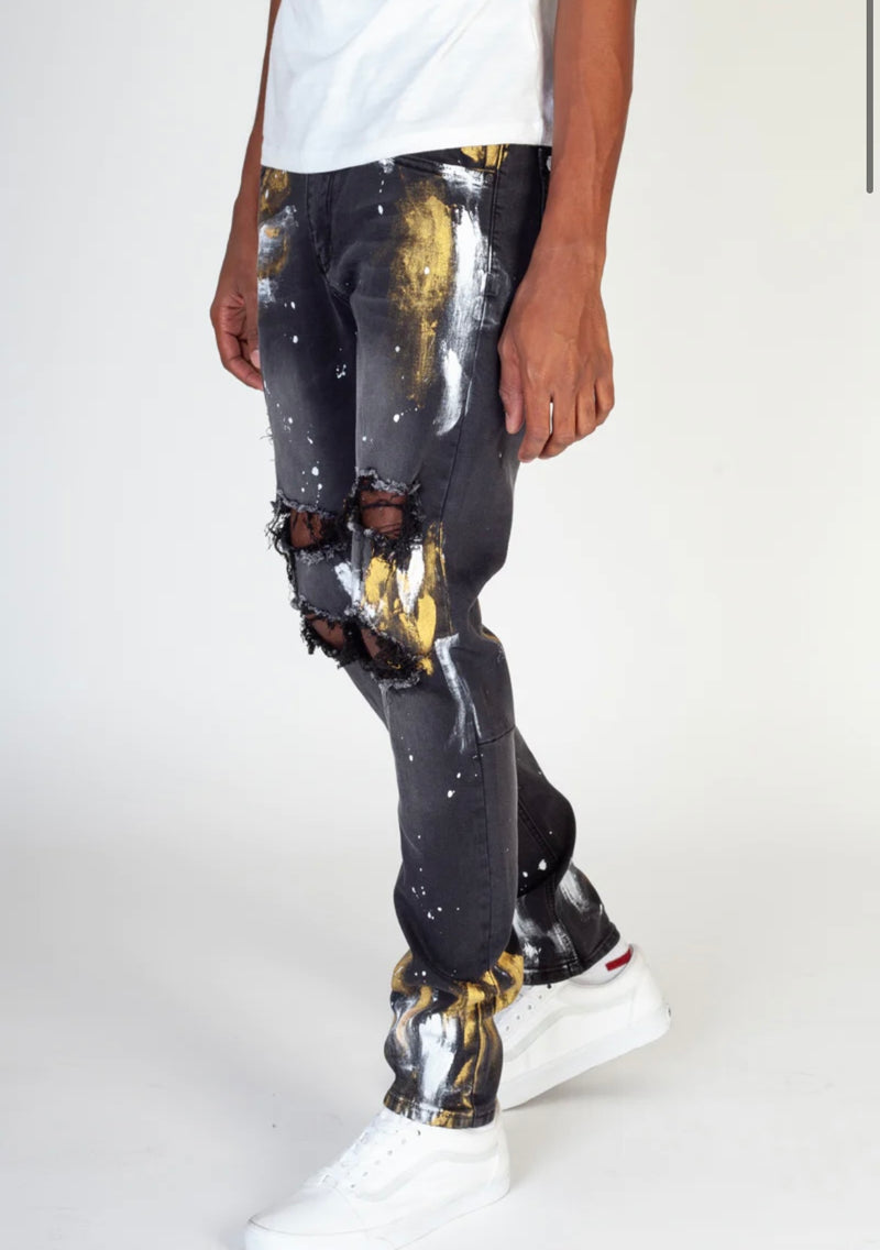 KDNK Ripped With Gold Paint Brush Denim (Dark M.Grey) KND4286 - Fresh N Fitted Inc