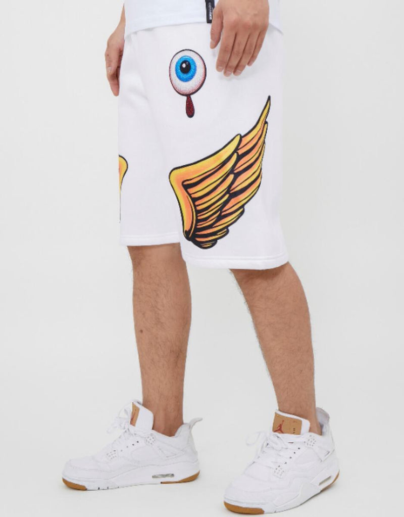 Roku Studio 'Rhinestone Flying Eyeball' Shorts (White) - Fresh N Fitted Inc