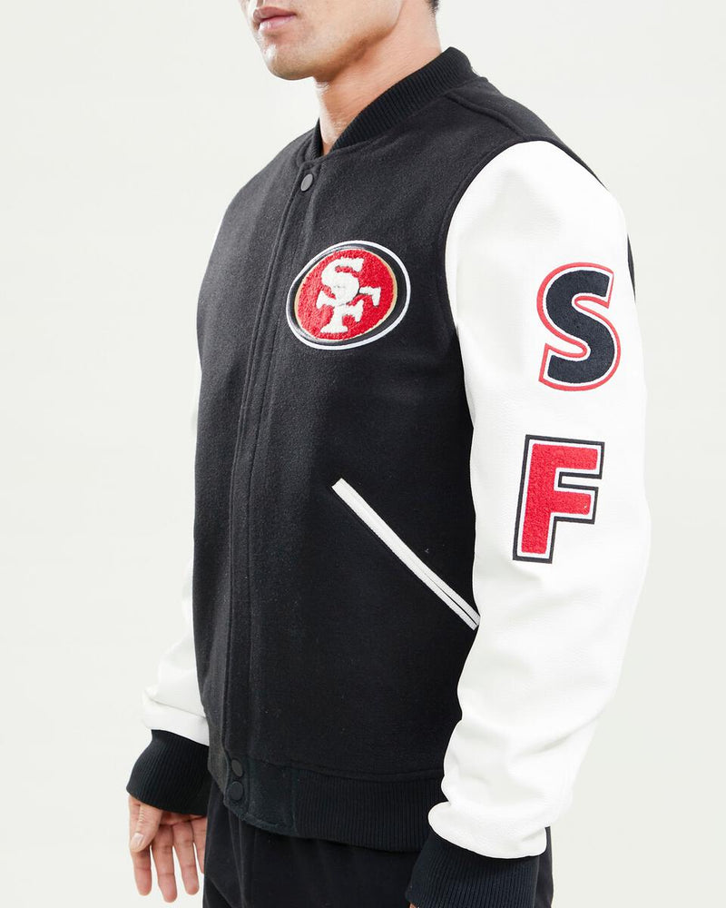 San Francisco 49ers Logo Varsity Jacket (Black/White) FS4641140 - Fresh N Fitted Inc