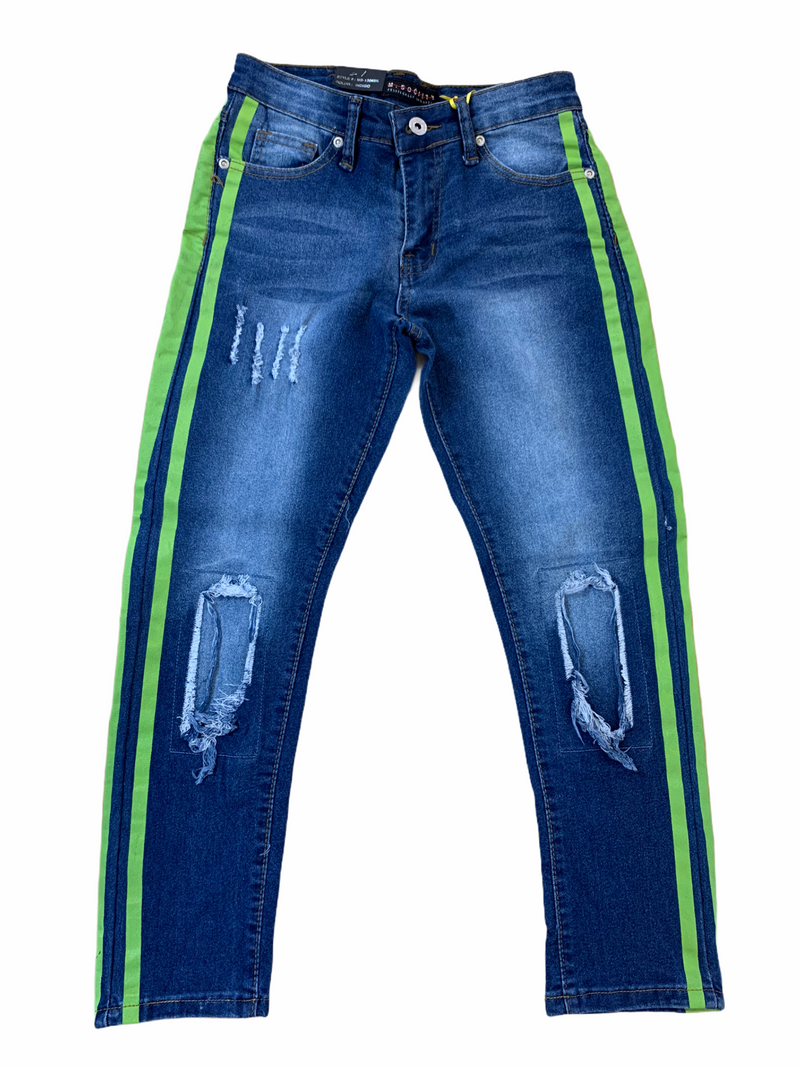 M. Society Kids Sidestripe Denim w/Rips (Indigo/Green) - Fresh N Fitted Inc