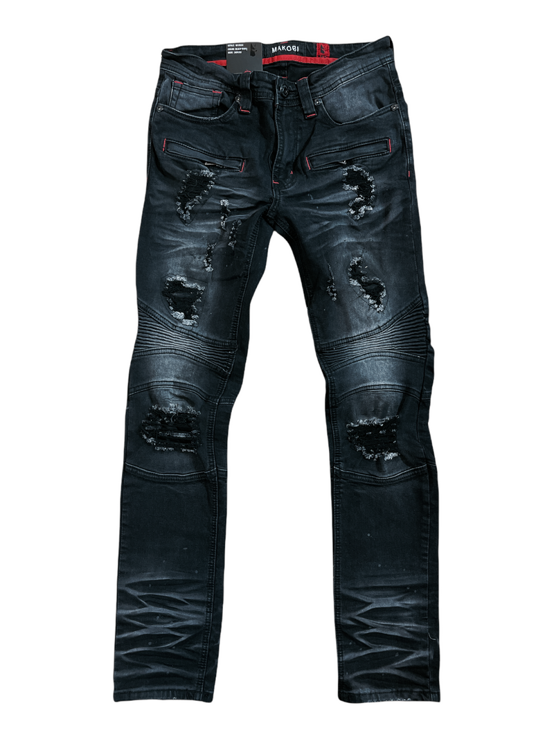 Makobi Biker Denim Jeans (Black Wash) M1924 - Fresh N Fitted Inc