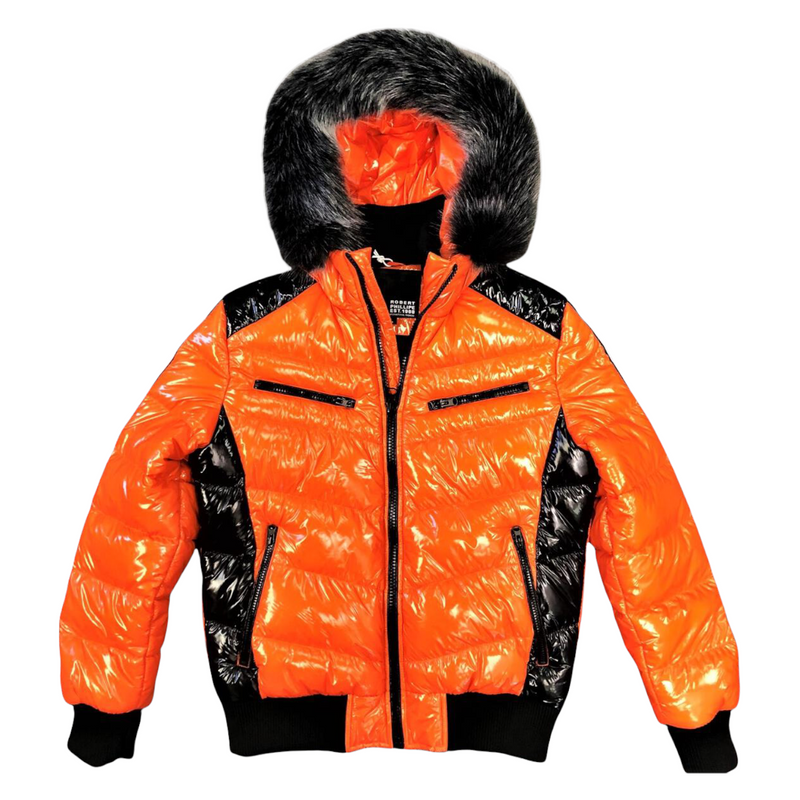 Robert Phillipe Kids Puff Shiny Nylon Fur Hooded Bomber Jacket Orange KJN32