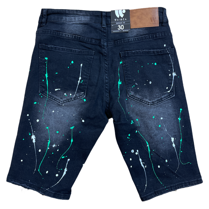 Waimea Splatter Denim Shorts (Blk.Wash/Green) - Fresh N Fitted Inc