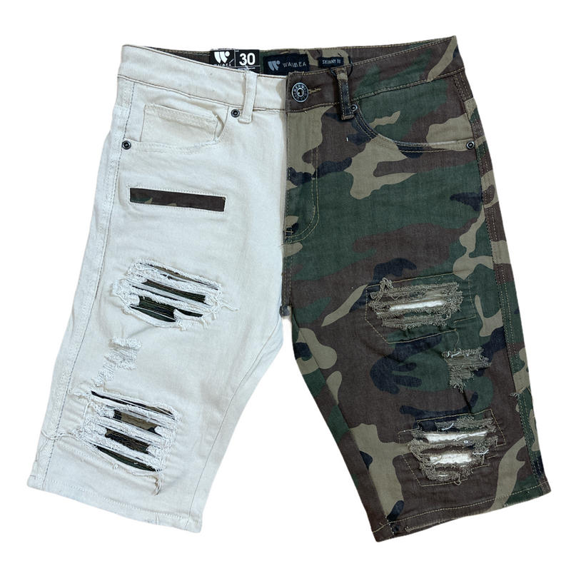 Camo distressed shorts shop
