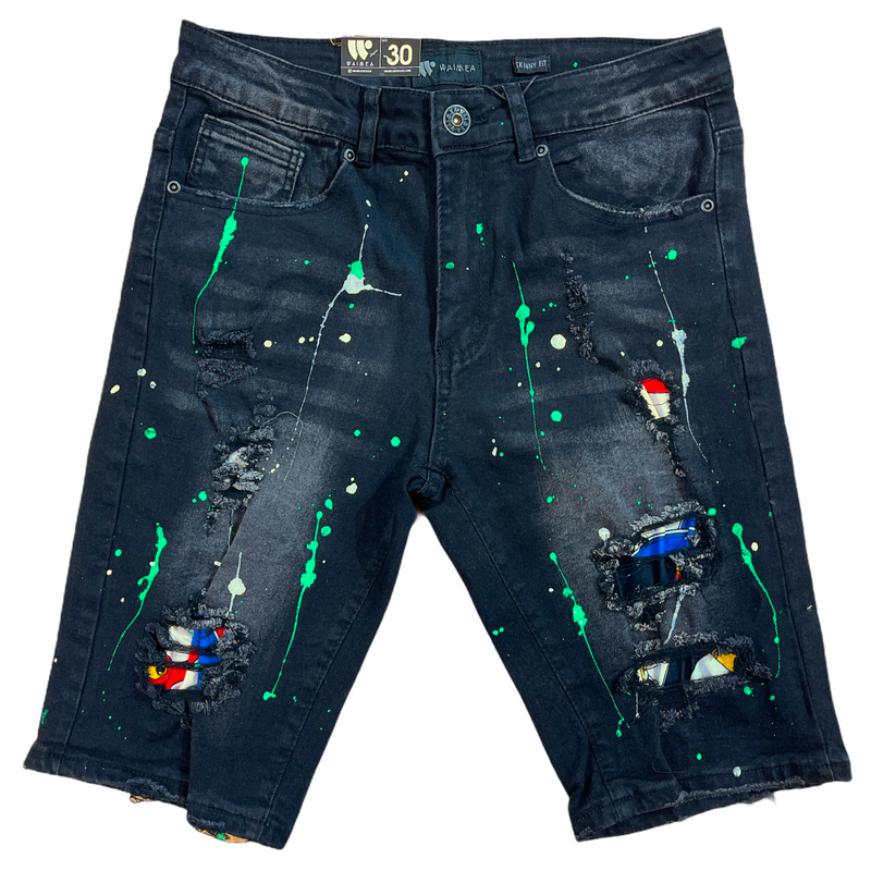 Waimea Splatter Denim Shorts (Blk.Wash/Green) - Fresh N Fitted Inc