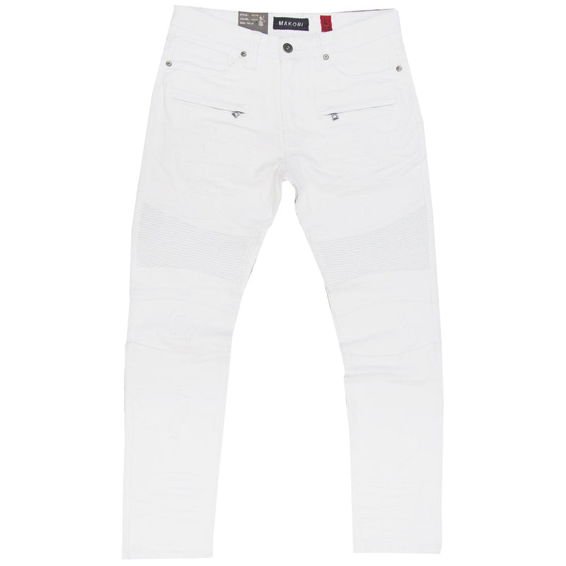 Makobi 'Prado' Biker Denim w/ Rip and Repair (White) M1786 - Fresh N Fitted Inc