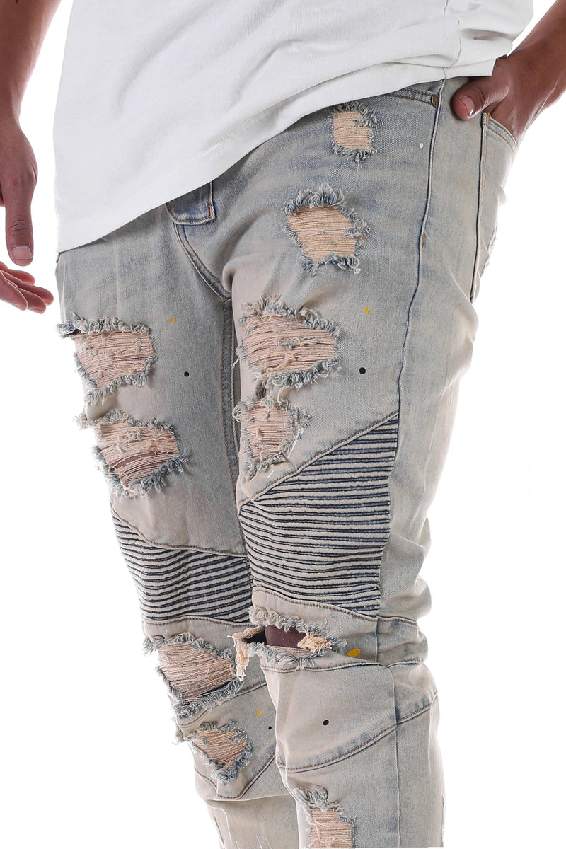 KDNK Ripped Moto Jeans w/ Splatter (Tinted Lt. Blue) KND4297 - Fresh N Fitted Inc