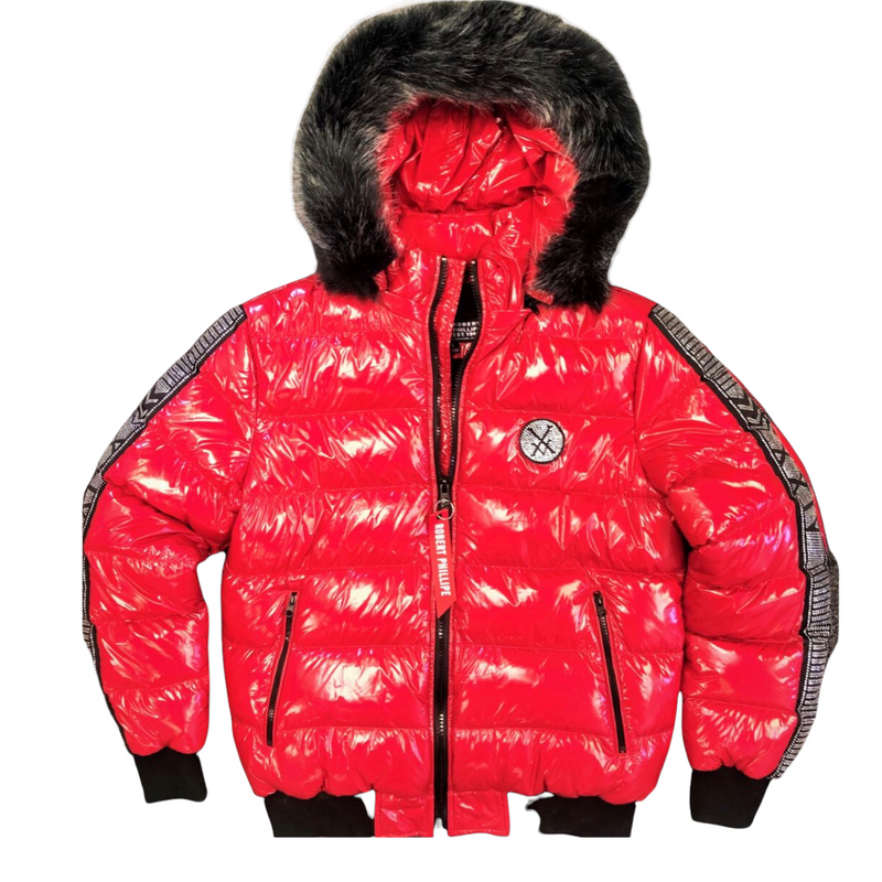 Robert Phillipe Kids Puff Shiny Nylon Fur Hooded Bomber Jacket (Red) KJN30 - Fresh N Fitted Inc