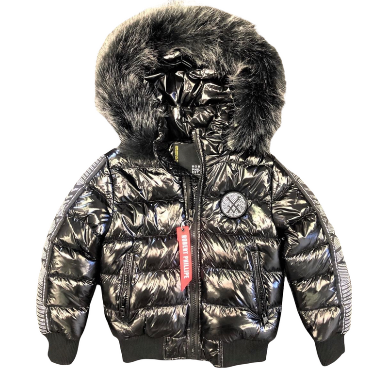 Robert Phillipe Kids Puff Shiny Nylon Fur Hooded Bomber Jacket (Black) KJN30 - Fresh N Fitted Inc